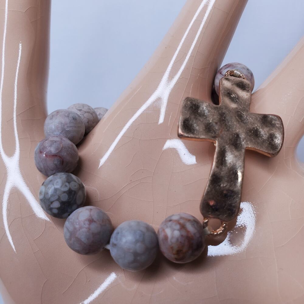 Vintage Bracelet Jasper Stone Beaded w/ Metal Cross Stretchy